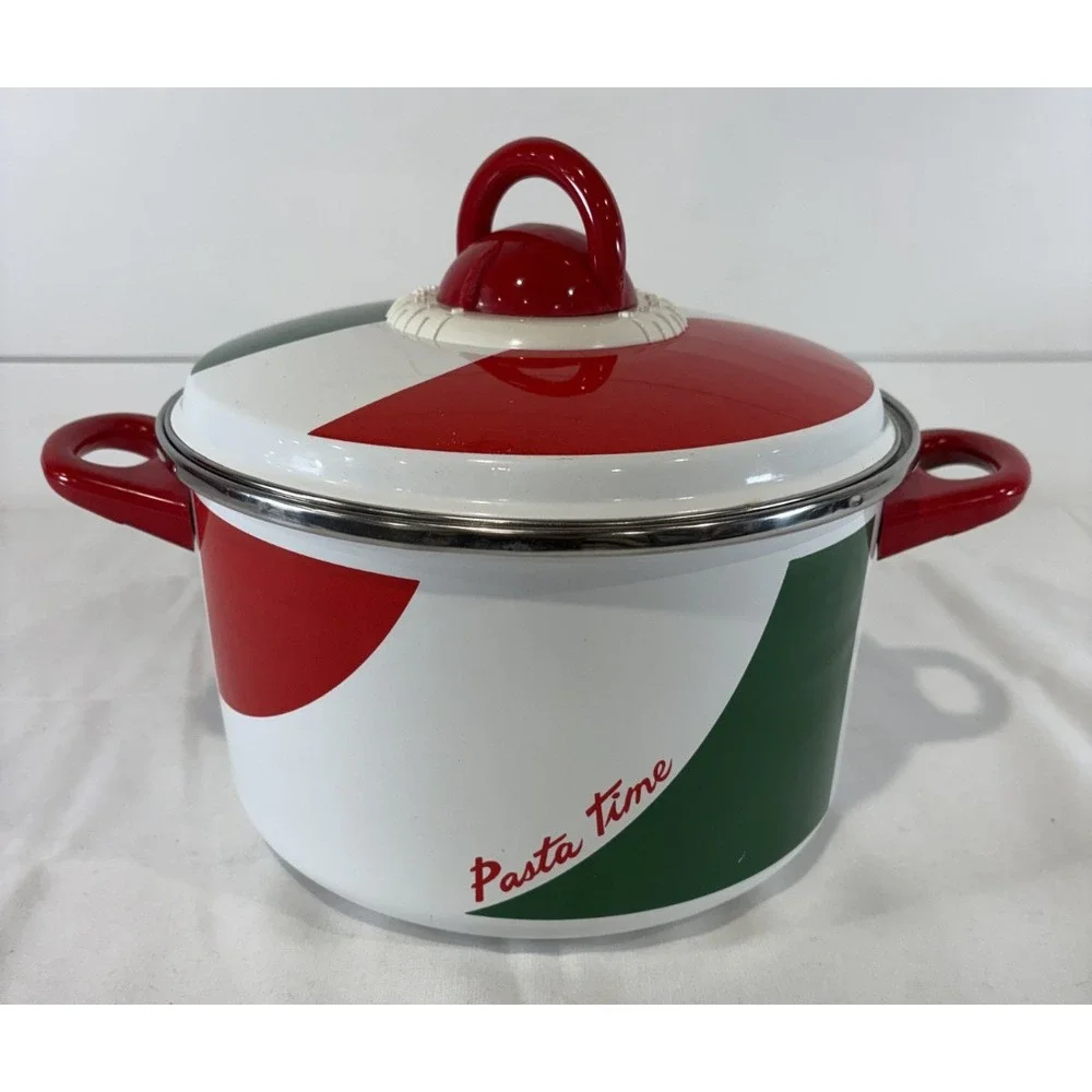 Vintage Pasta Time 6 QT Metrokane Enamel Cooking Pot w/ Strainer Timer Red Green